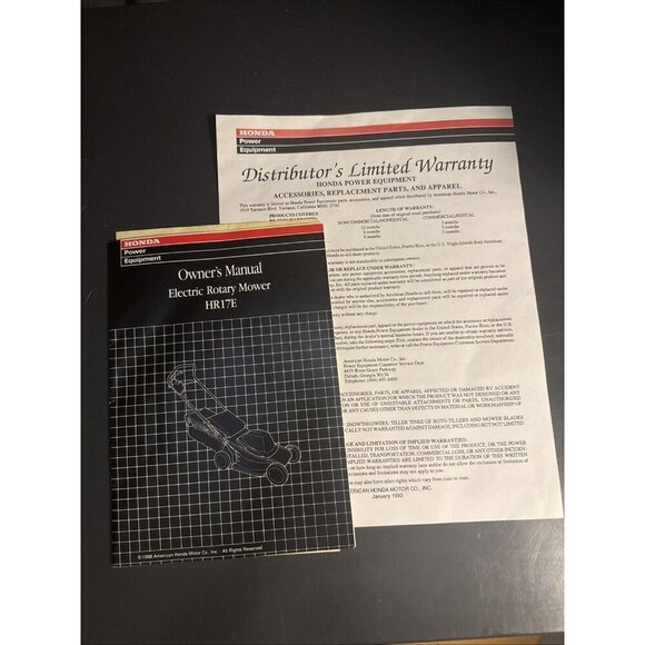 Honda HRM 17E PVA SVA Rotary Mower OEM Owners Manual HR17E 1992 - Picture 1 of 9